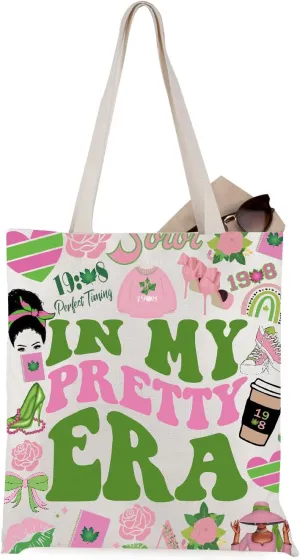 WCGXKO Sorority Gift In My Pretty Era Pink and Green Sorority Canvas Tote Bag
