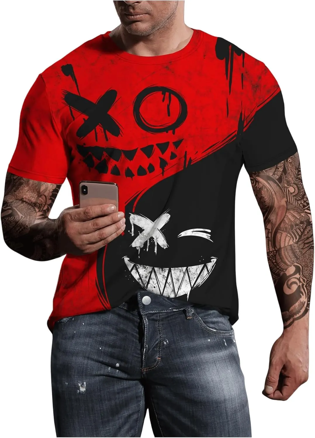 WDIRARA Men's Two Tone Cartoon Graphic Print Short Sleeve T Shirt Round Neck Tee
