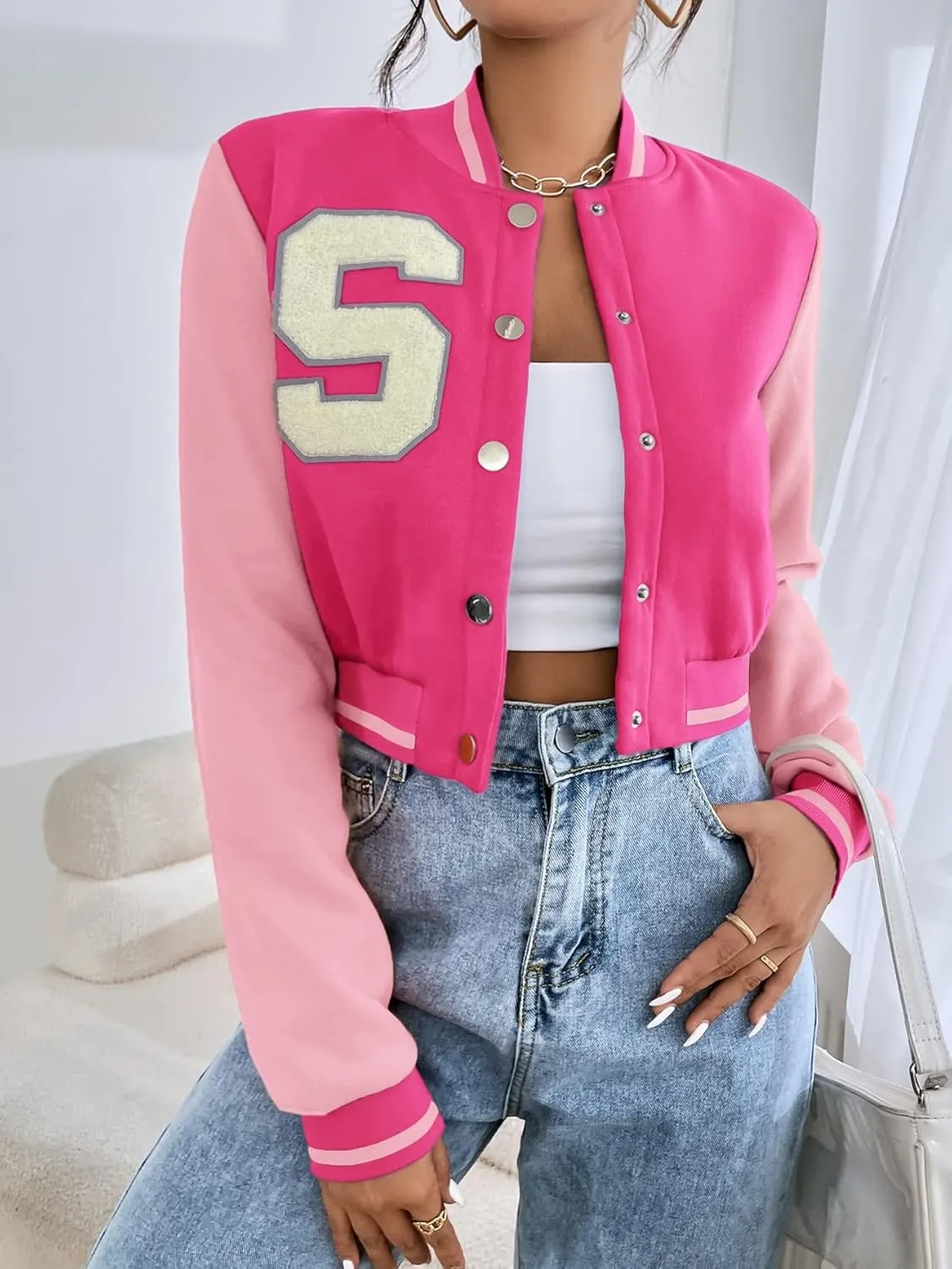 WDIRARA Women's Letter Print Crop Varsity Jackets Letterman Long Sleeve Bomber Jacket