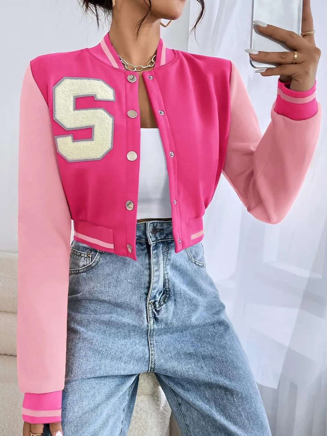 WDIRARA Women's Letter Print Crop Varsity Jackets Letterman Long Sleeve Bomber Jacket
