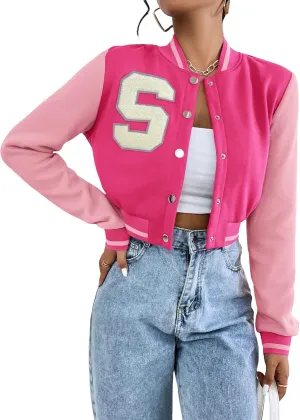 WDIRARA Women's Letter Print Crop Varsity Jackets Letterman Long Sleeve Bomber Jacket