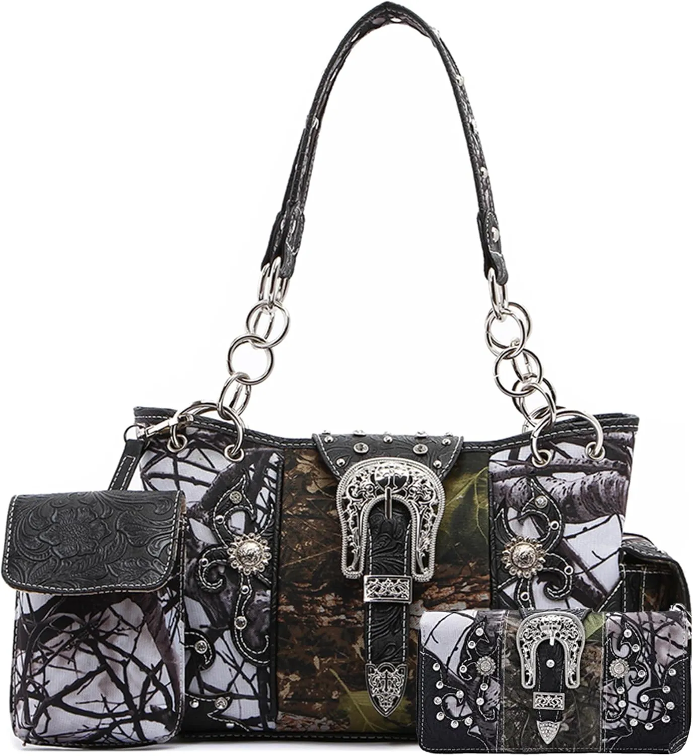 Western Style Camouflage Purse Concho Buckle Tooled Floral Country Studs Crossbody Women Handbag Shoulder Bag Wallet Set
