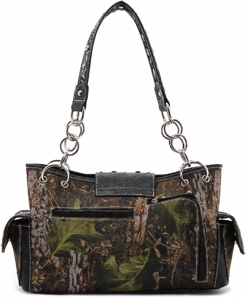 Western Style Camouflage Purse Concho Buckle Tooled Floral Country Studs Crossbody Women Handbag Shoulder Bag Wallet Set