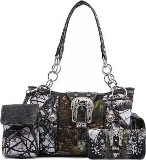 Western Style Camouflage Purse Concho Buckle Tooled Floral Country Studs Crossbody Women Handbag Shoulder Bag Wallet Set