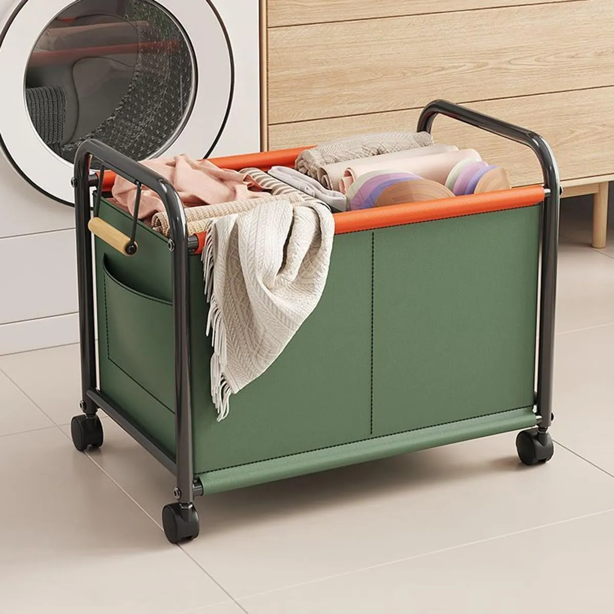 Wheeled Laundry Basket with Oxford Fabric Bag, Rolling Laundry Basket,Clothes Storage Basket, Partition Design Rolling Laundry Basket Storage Cart for Bathrooms, Bedrooms, Dormitories(Green,63.5x37x48