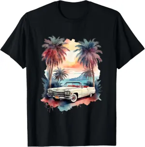 White Cadillac Old School | Vintage Watercolor | Palm Trees T-Shirt