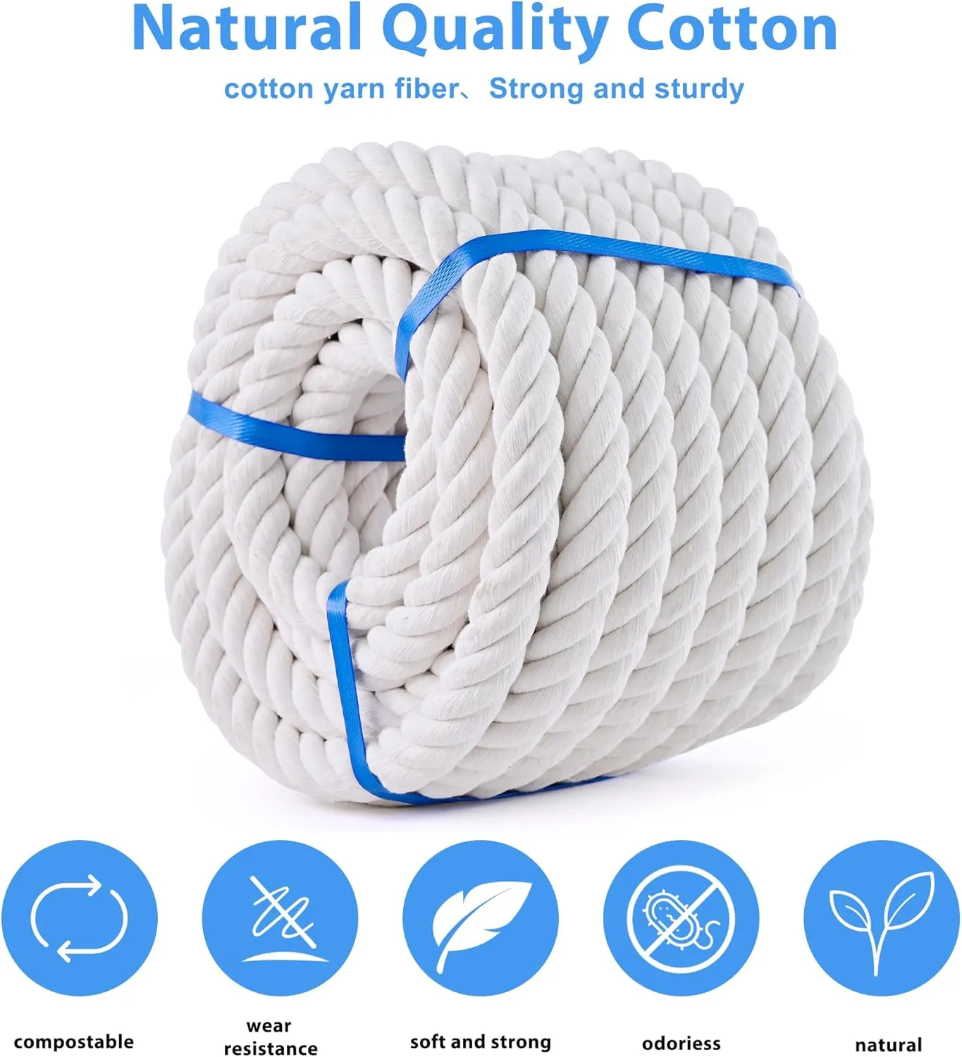 White Cotton Rope 1 inch Rope x 50ft Natural Twisted Cotton Rope,Strong 4-Strand Rope,Cotton Craft Rope,Thick Rope,Available as Tug of War Rope, Nautical Rope,and Workout Rope, etc.