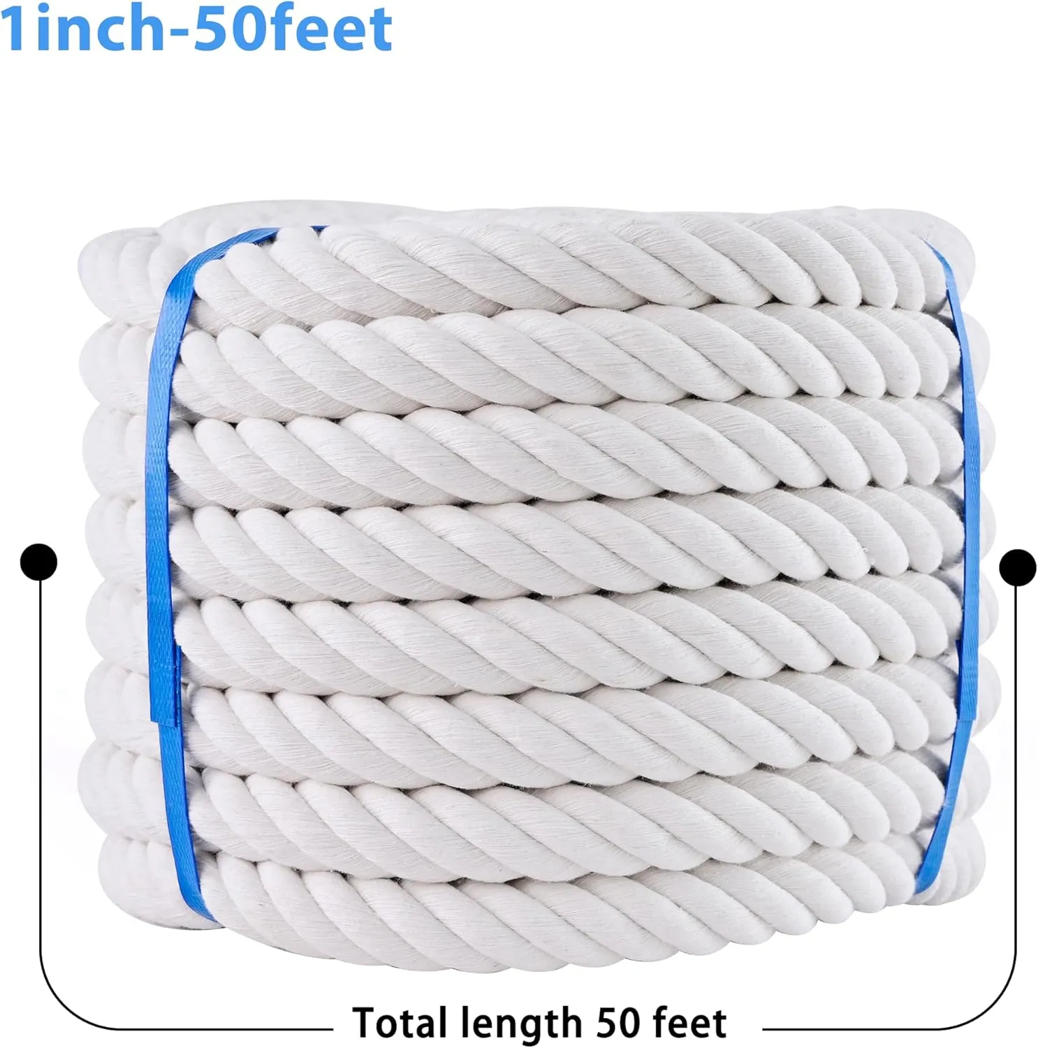 White Cotton Rope 1 inch Rope x 50ft Natural Twisted Cotton Rope,Strong 4-Strand Rope,Cotton Craft Rope,Thick Rope,Available as Tug of War Rope, Nautical Rope,and Workout Rope, etc.