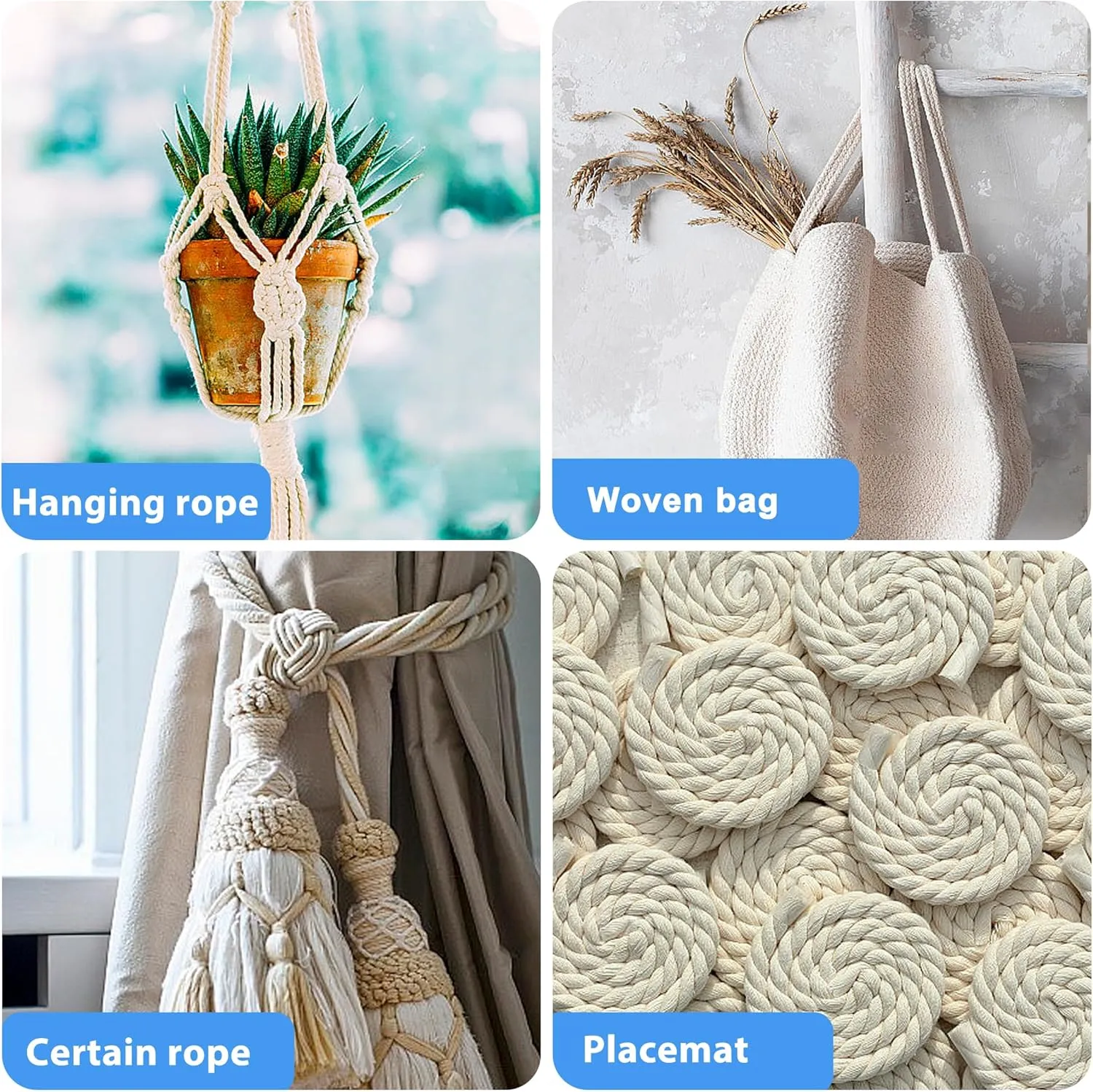 White Cotton Rope 1 inch Rope x 50ft Natural Twisted Cotton Rope,Strong 4-Strand Rope,Cotton Craft Rope,Thick Rope,Available as Tug of War Rope, Nautical Rope,and Workout Rope, etc.