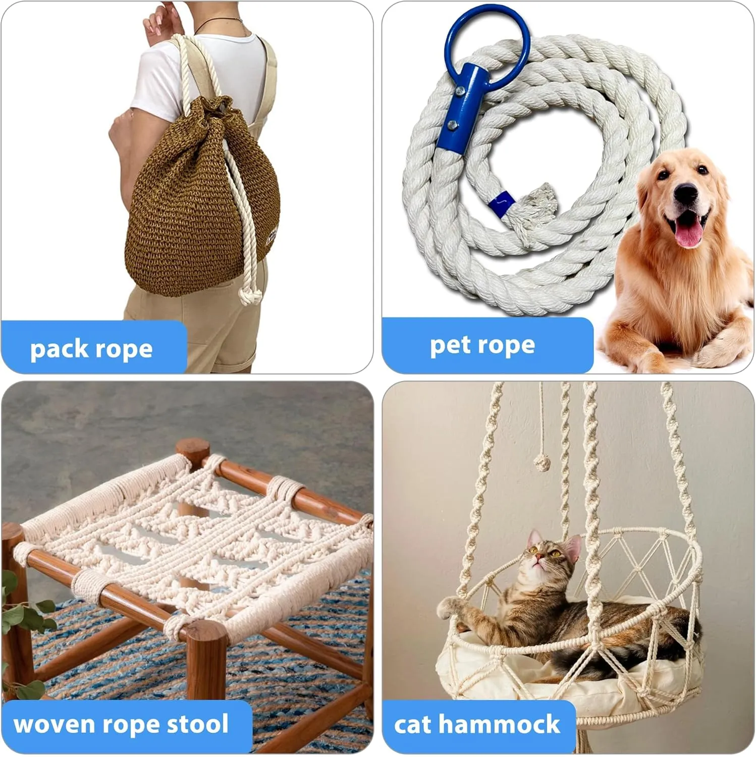 White Cotton Rope 1 inch Rope x 50ft Natural Twisted Cotton Rope,Strong 4-Strand Rope,Cotton Craft Rope,Thick Rope,Available as Tug of War Rope, Nautical Rope,and Workout Rope, etc.