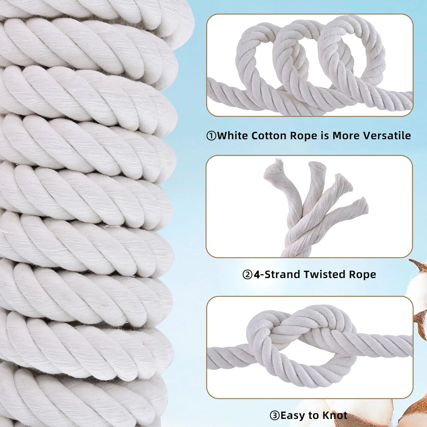 White Cotton Rope 1 inch Rope x 50ft Natural Twisted Cotton Rope,Strong 4-Strand Rope,Cotton Craft Rope,Thick Rope,Available as Tug of War Rope, Nautical Rope,and Workout Rope, etc.
