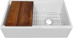 Whitehaus Collection 30" Reversible Single Bowl Fireclay Sink Set with a Smooth Front Apron, Walnut Wood Cutting Board and Stainless Steel Grid