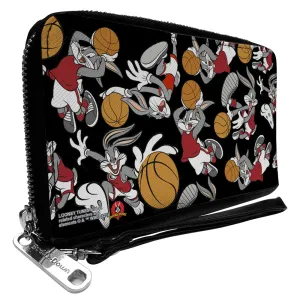 Wholesale PU Zip Around Wallet Rectangle - Bugs Bunny Basketball Poses Scattered Black