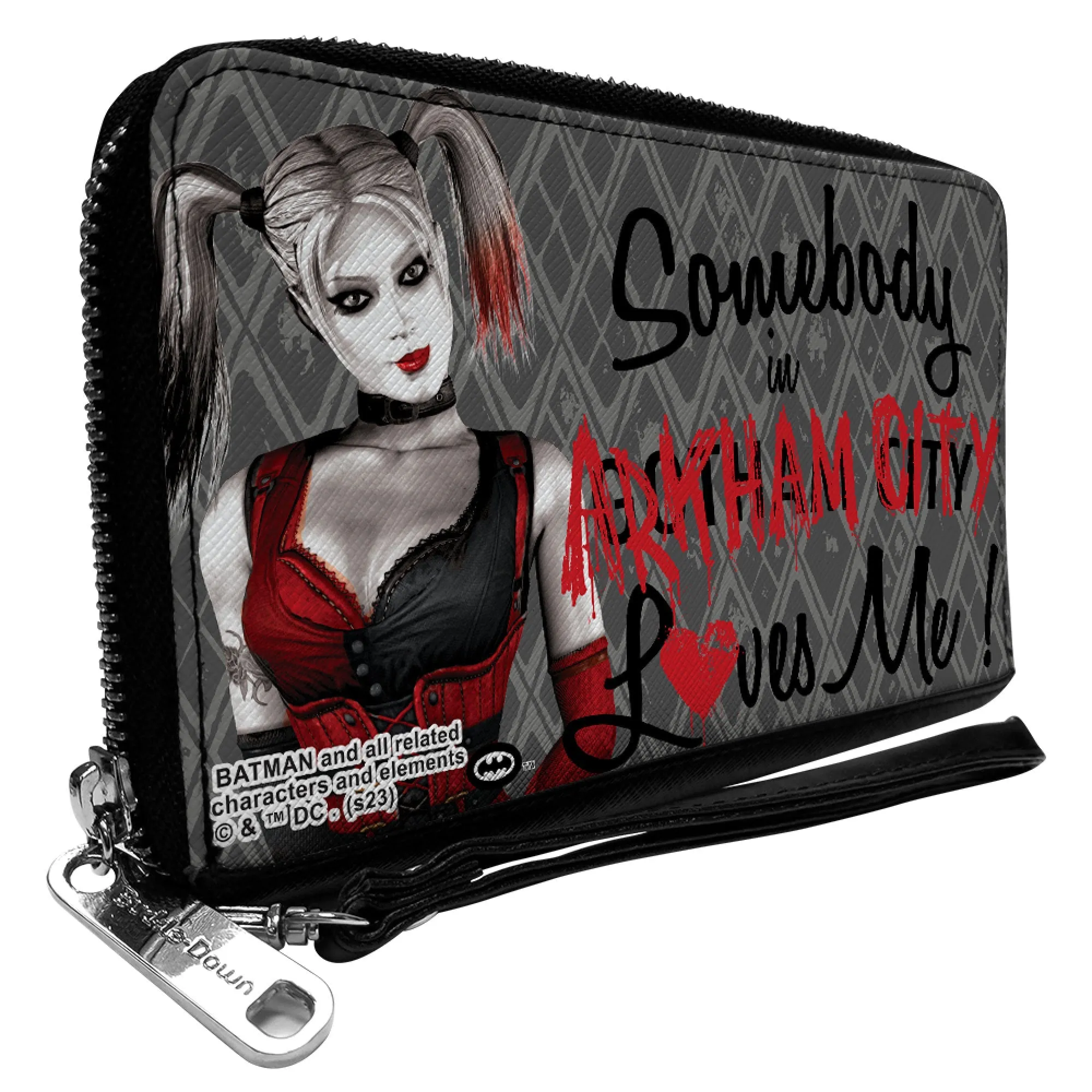 Wholesale PU Zip Around Wallet Rectangle - Harley Quinn SOMEBODY IN ARKHAM CITY LOVES ME Grays/Black/Red