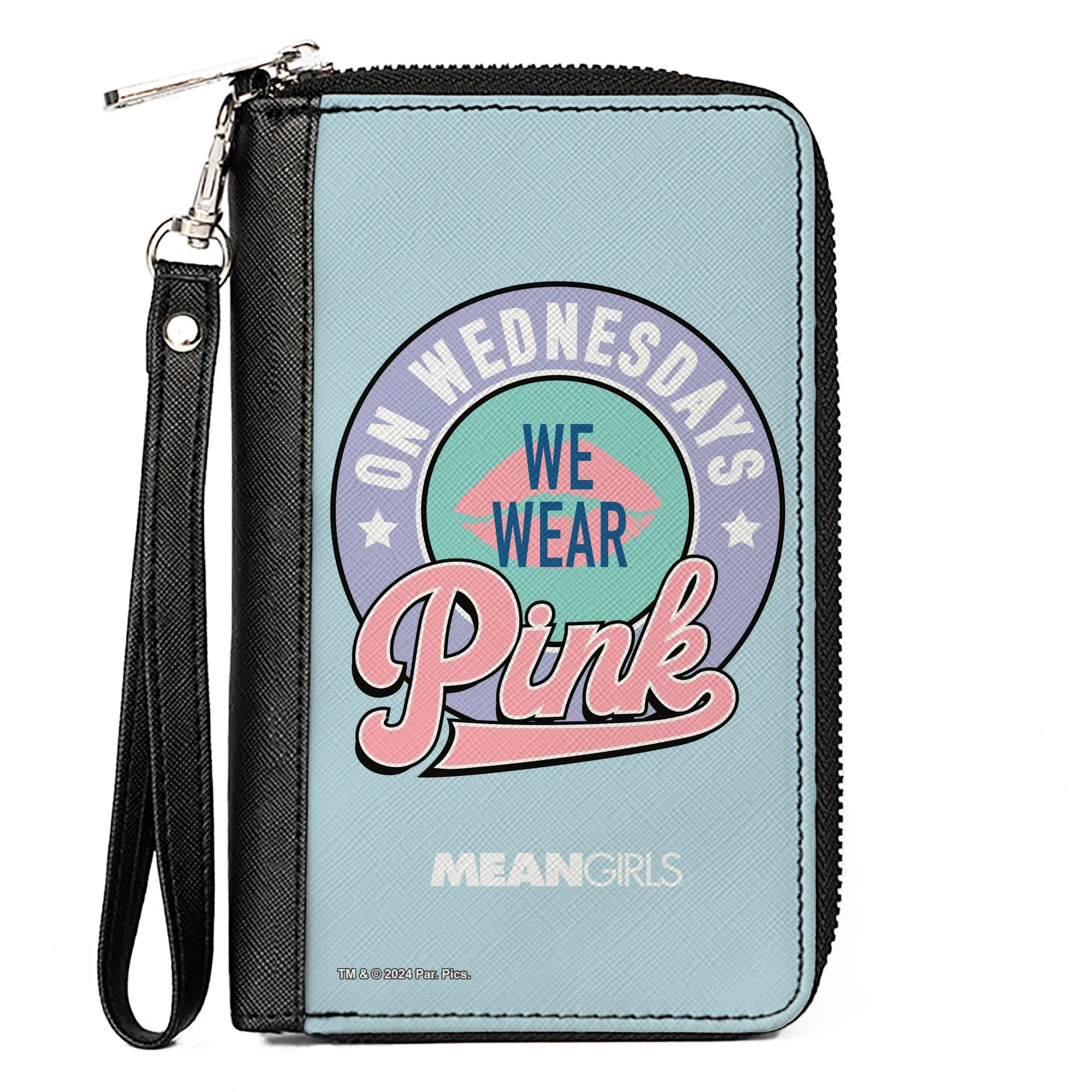 Wholesale PU Zip Around Wallet Rectangle - Mean Girls ON WEDNESDAYS WE WEAR PINK Icon Blues/Pinks