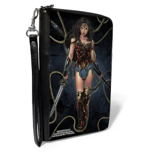 Wholesale PU Zip Around Wallet Rectangle - Wonder Woman 2017 Standing Swords Pose with Lasso of Truth Blues/Golds