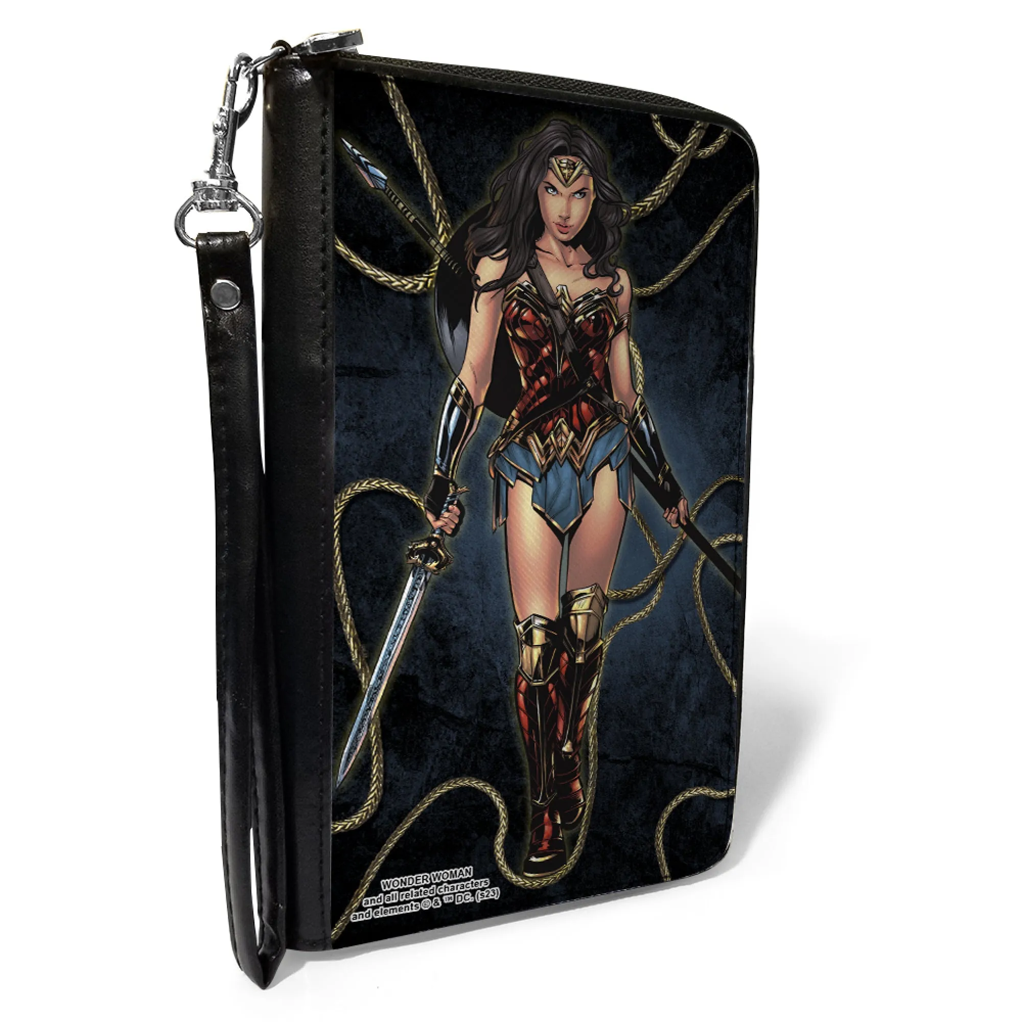Wholesale PU Zip Around Wallet Rectangle - Wonder Woman 2017 Standing Swords Pose with Lasso of Truth Blues/Golds