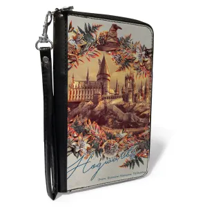 Wholesale Women's PU Zip Around Wallet Rectangle - Harry Potter Hogwarts Castle Floral Collage Gray