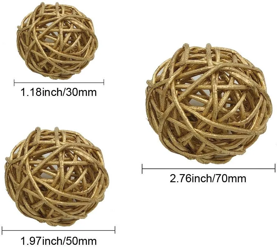 Wicker Rattan Balls Bag, Garden, Wedding, Party Decorative Crafts, House Ornaments, Vase Fillers Decorative Orbs Natural Spheres Christmas Tree. Set of 21. (Gold)