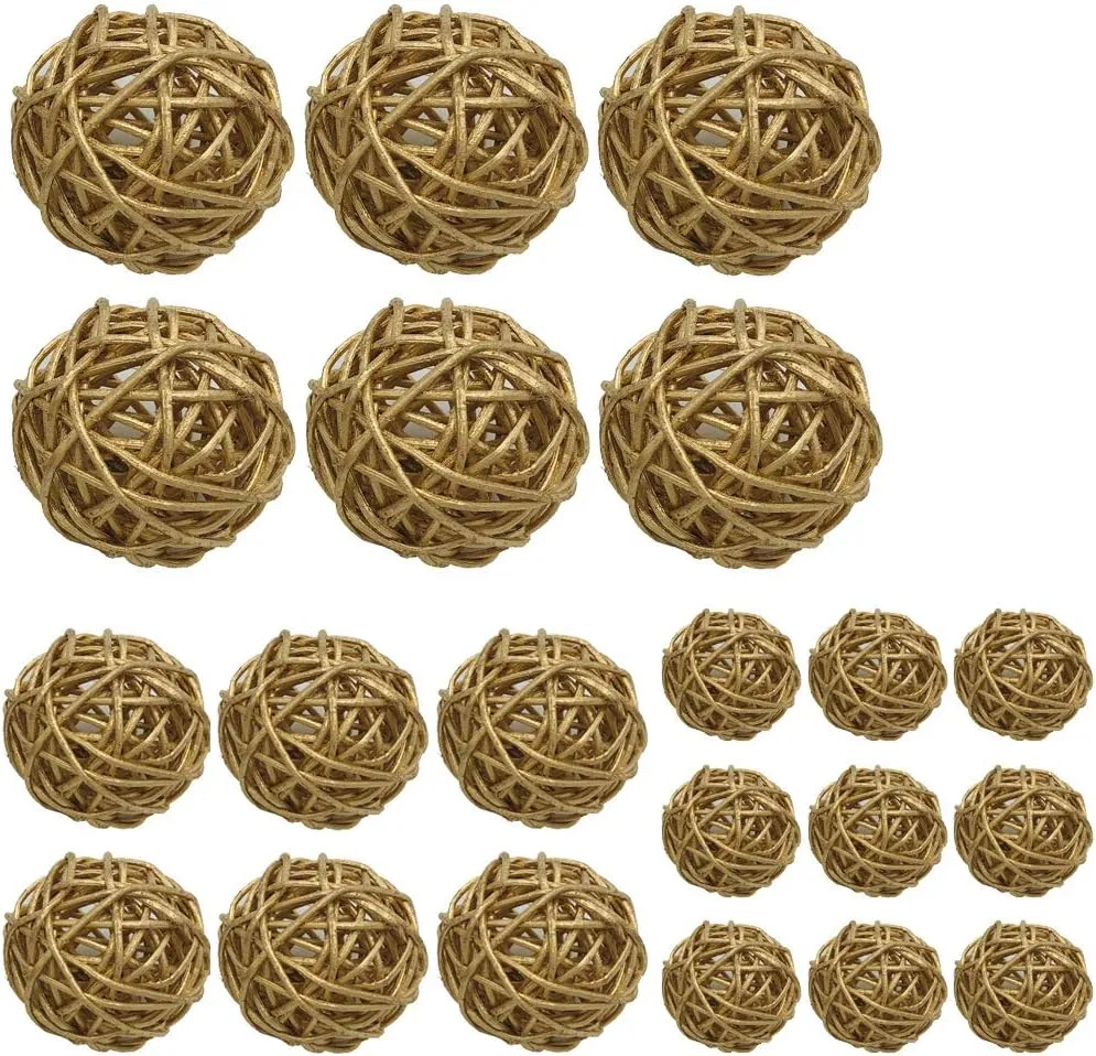 Wicker Rattan Balls Bag, Garden, Wedding, Party Decorative Crafts, House Ornaments, Vase Fillers Decorative Orbs Natural Spheres Christmas Tree. Set of 21. (Gold)