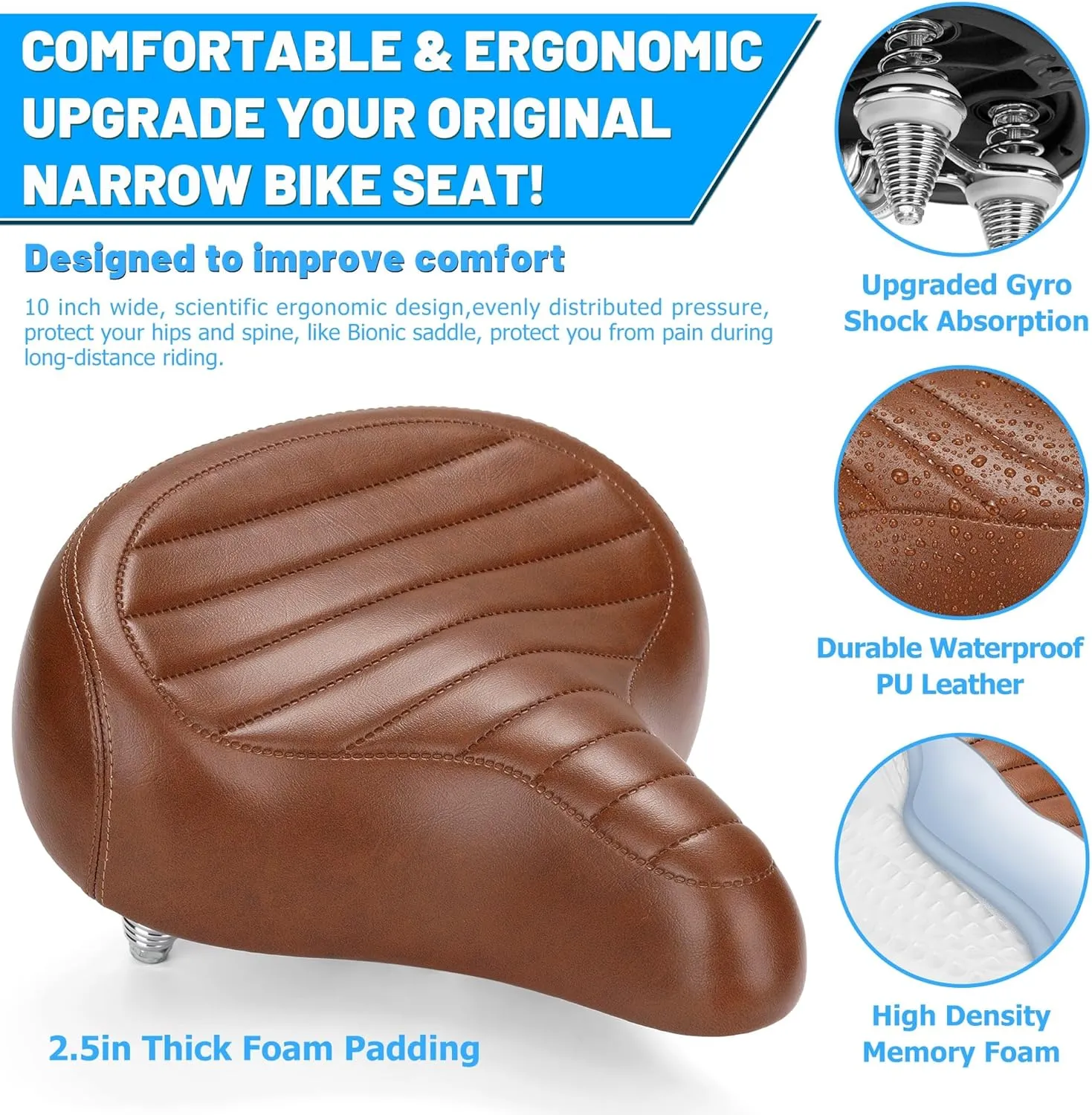 Wide Bike Seat for Men & Women Comfort, Soft Padded Large Bicycle Seat Cushion, Oversized Comfortable Bike Saddle Replacement for Beach Cruiser, Mountain Bike, City Bike, Ebike, Stationary Bike
