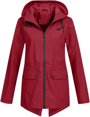 Windproof Jacket for Women Long Sleeve Raincoat Full Zip Up Button Hooded Plain Windbreaker with Pocket Rain Coat Zipper with