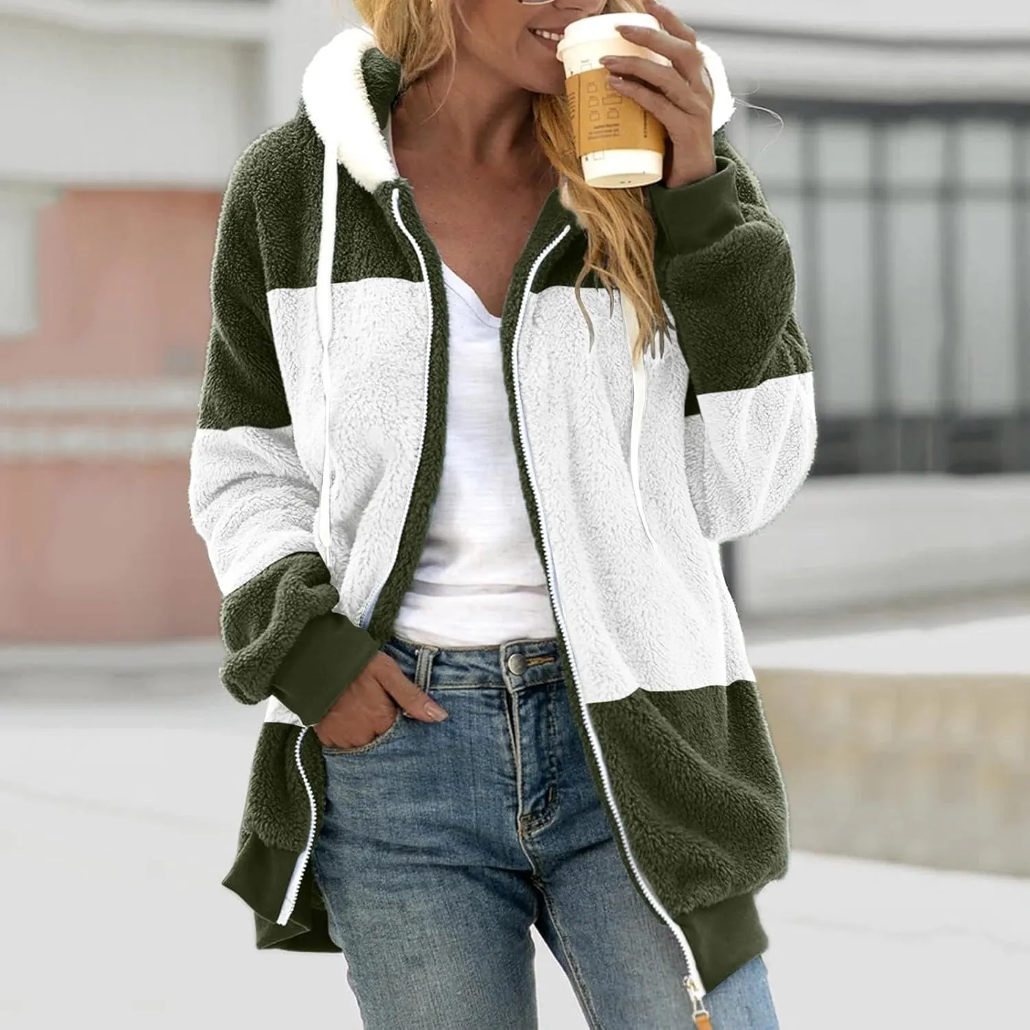 Winter Coats for Women 2024 Long Sleeve Faux Fur Fleece Jacket Zipper Plus Size Hooded Fuzzy Outerwear With Pockets