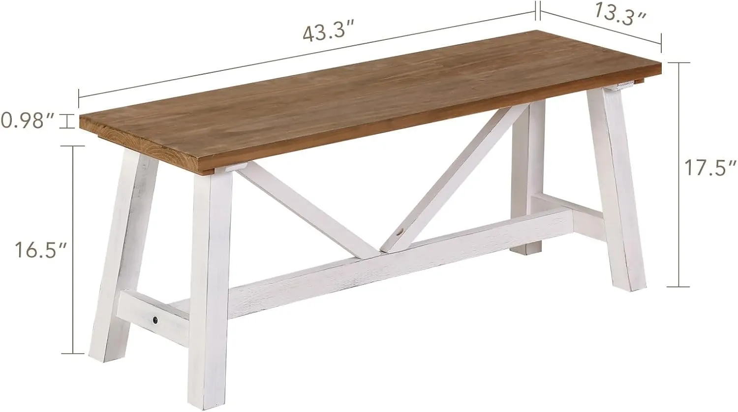 Wnutrees 43" Farmhouse Wood Bench, Narrow Bench, Long Bench Seat for Entryway, Living Room, Dining Room, Solid Wood, White