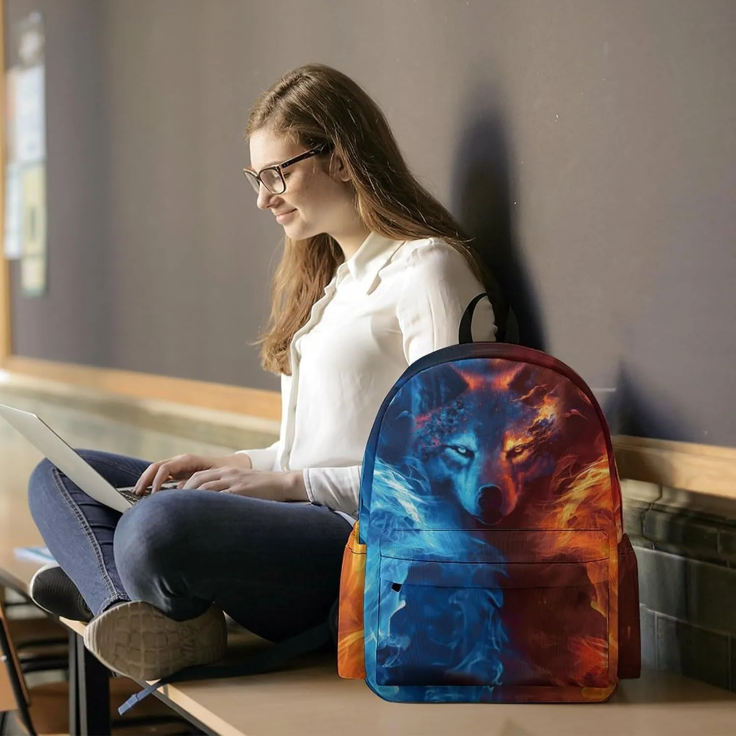 Wolf Backpack for Boys Kids Girls School Bag 16 Inch Cartoon Wolf Bookbag Travel Backpack