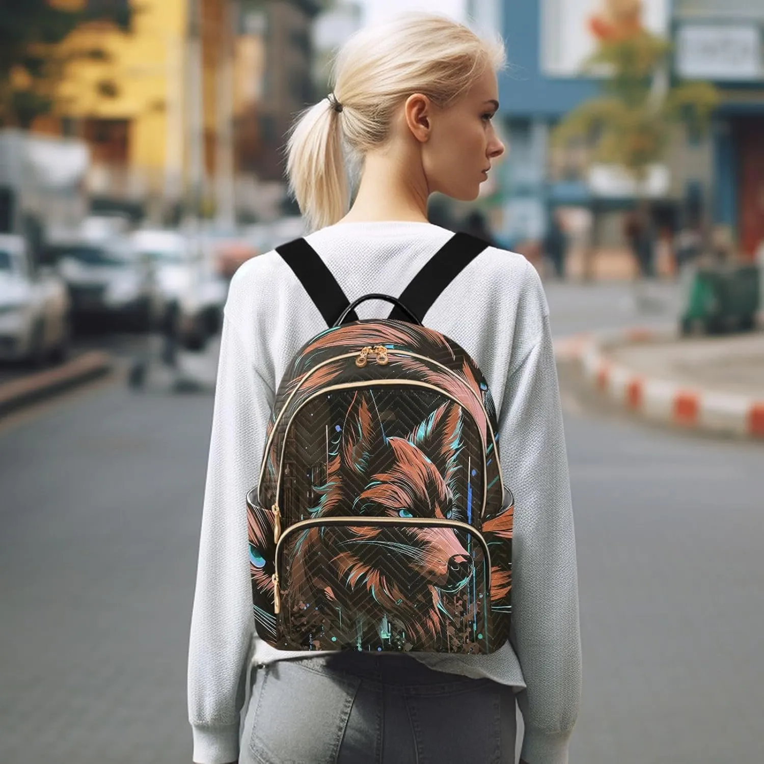 Wolf Backpack Purse Ladies Rucksack Travel Shoulder Bag Casual Daily Backpack with Leather Carrying Handle (MediumPattren 1)