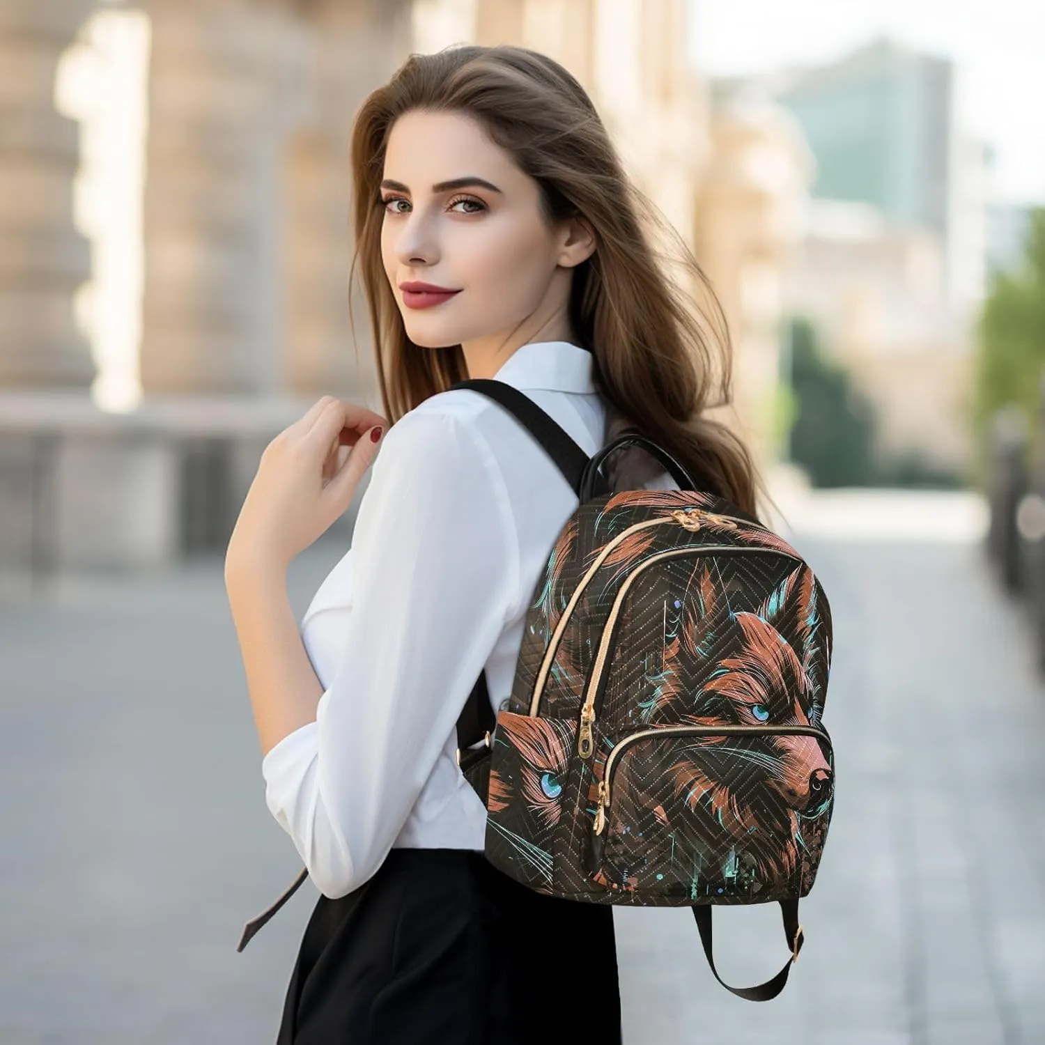 Wolf Backpack Purse Ladies Rucksack Travel Shoulder Bag Casual Daily Backpack with Leather Carrying Handle (MediumPattren 1)