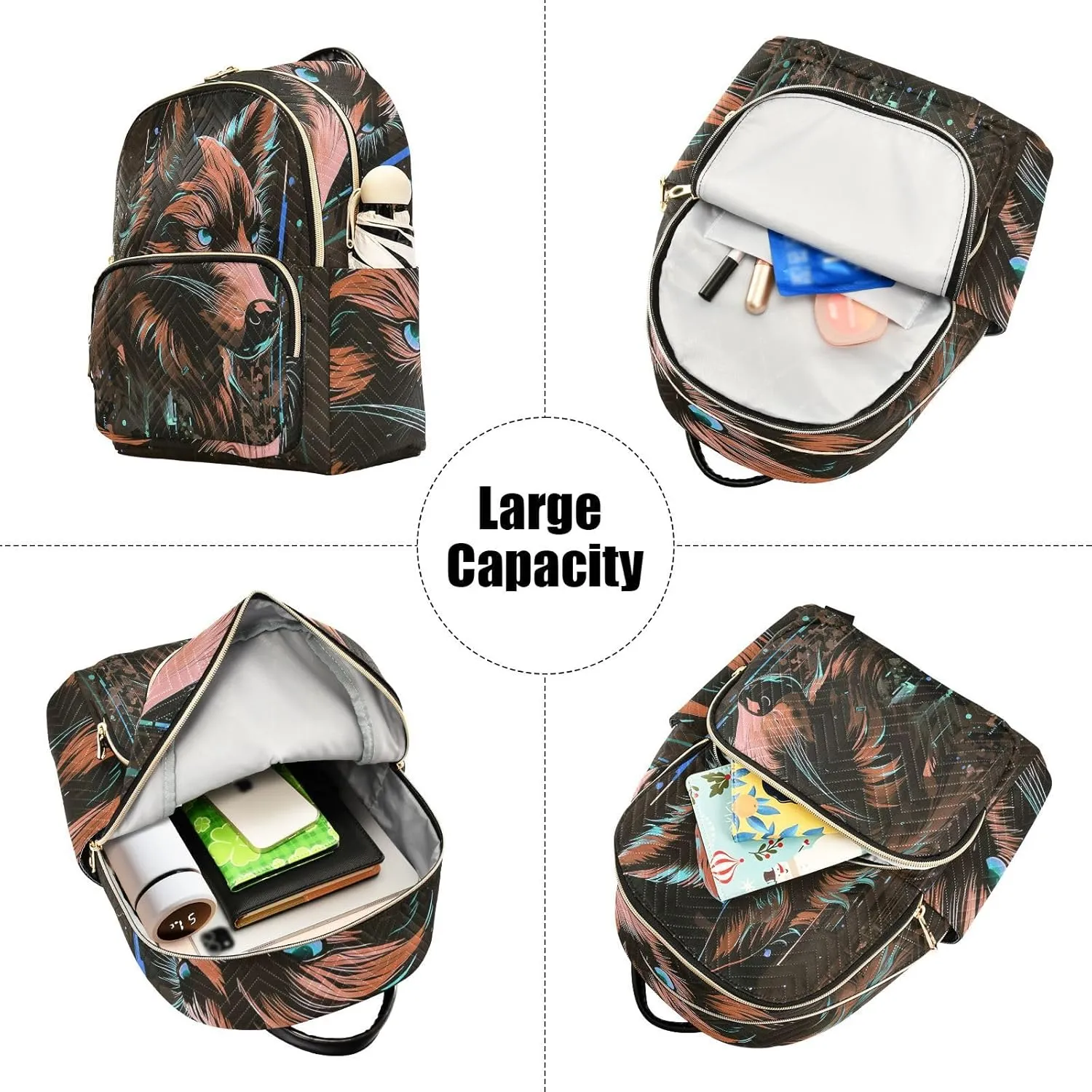 Wolf Backpack Purse Ladies Rucksack Travel Shoulder Bag Casual Daily Backpack with Leather Carrying Handle (MediumPattren 1)