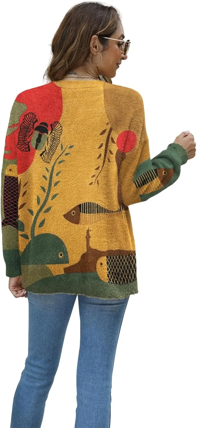 Women Christmas Sweater Graphic Oversized Long Sleeve Boho Printed Loose Fit Casual Knit Pullover Sweaters Top