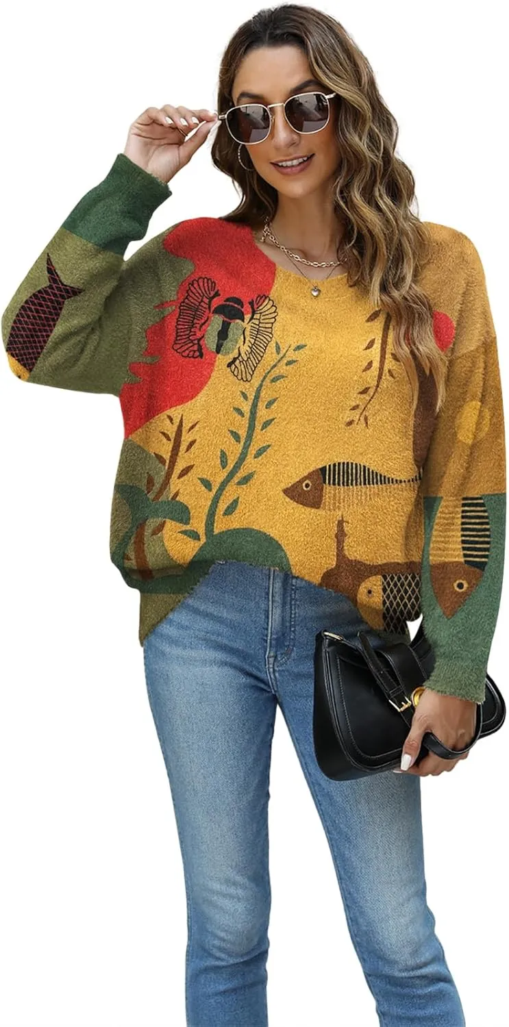 Women Christmas Sweater Graphic Oversized Long Sleeve Boho Printed Loose Fit Casual Knit Pullover Sweaters Top