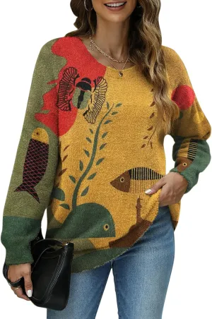 Women Christmas Sweater Graphic Oversized Long Sleeve Boho Printed Loose Fit Casual Knit Pullover Sweaters Top