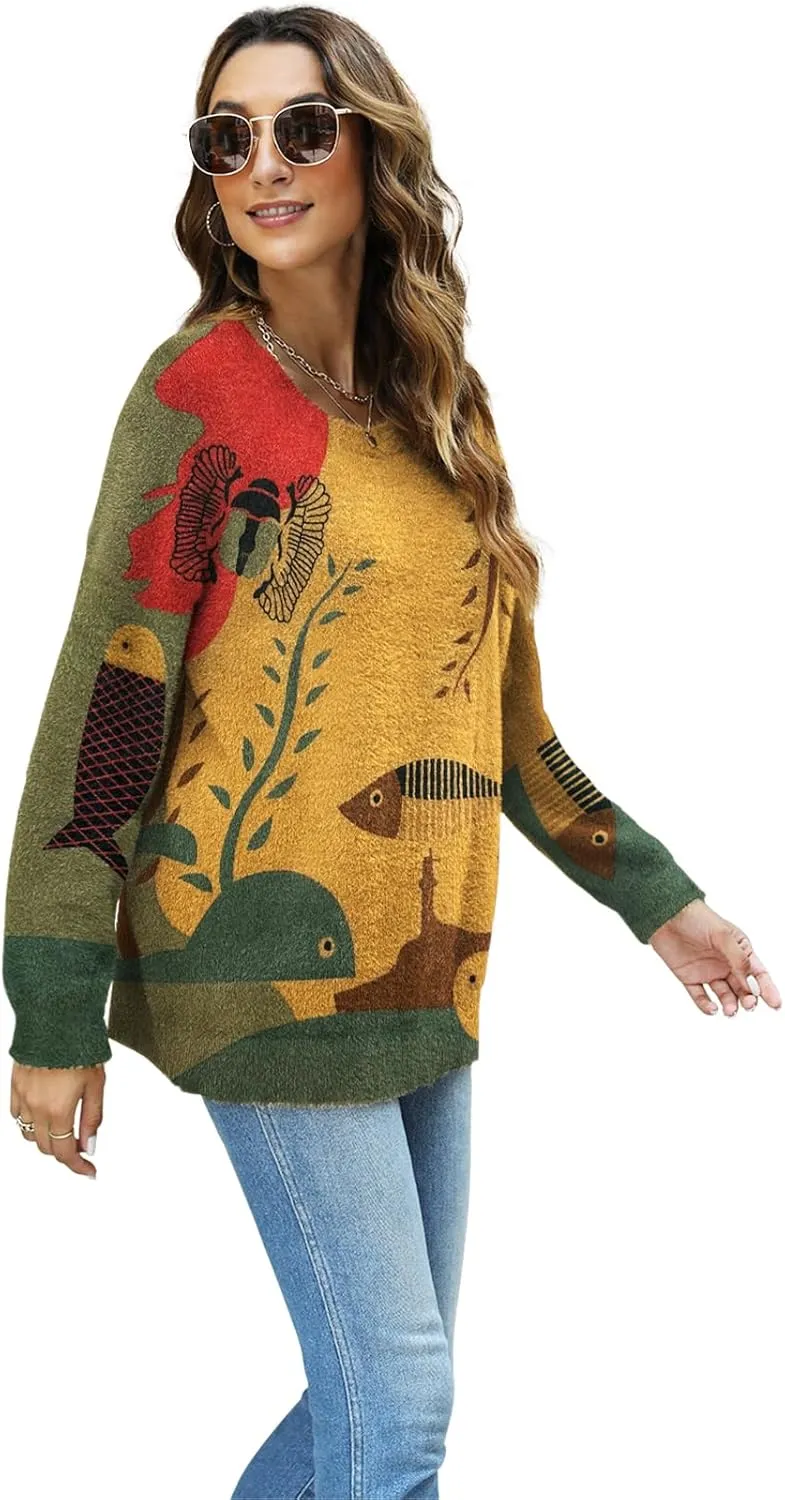 Women Christmas Sweater Graphic Oversized Long Sleeve Boho Printed Loose Fit Casual Knit Pullover Sweaters Top