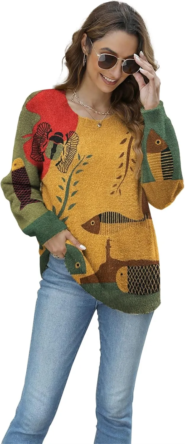 Women Christmas Sweater Graphic Oversized Long Sleeve Boho Printed Loose Fit Casual Knit Pullover Sweaters Top