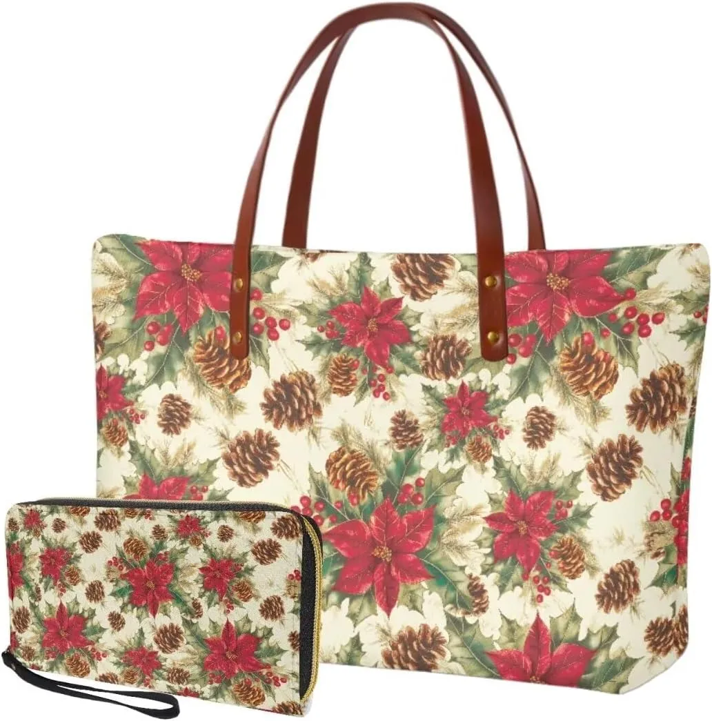 Women Handbag Purse Set Large Shoulder Bag 2 Pcs Top Handle Purse with PU Leather Wallet Set