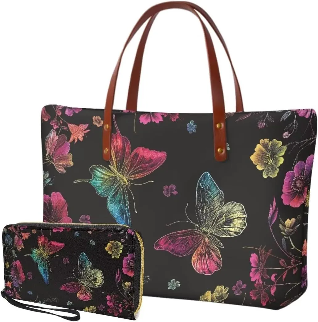 Women Handbag Purse Set Large Shoulder Bag 2 Pcs Top Handle Purse with PU Leather Wallet Set