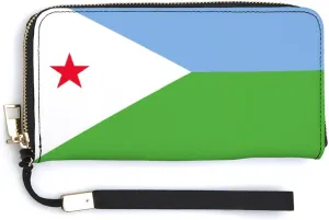 Women Men Djibouti Flag Zipper Long Purse with Removable Wristlet Stylish PU Wallet Travel Clutch