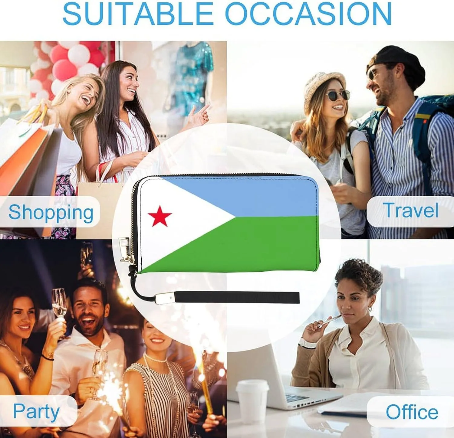 Women Men Djibouti Flag Zipper Long Purse with Removable Wristlet Stylish PU Wallet Travel Clutch