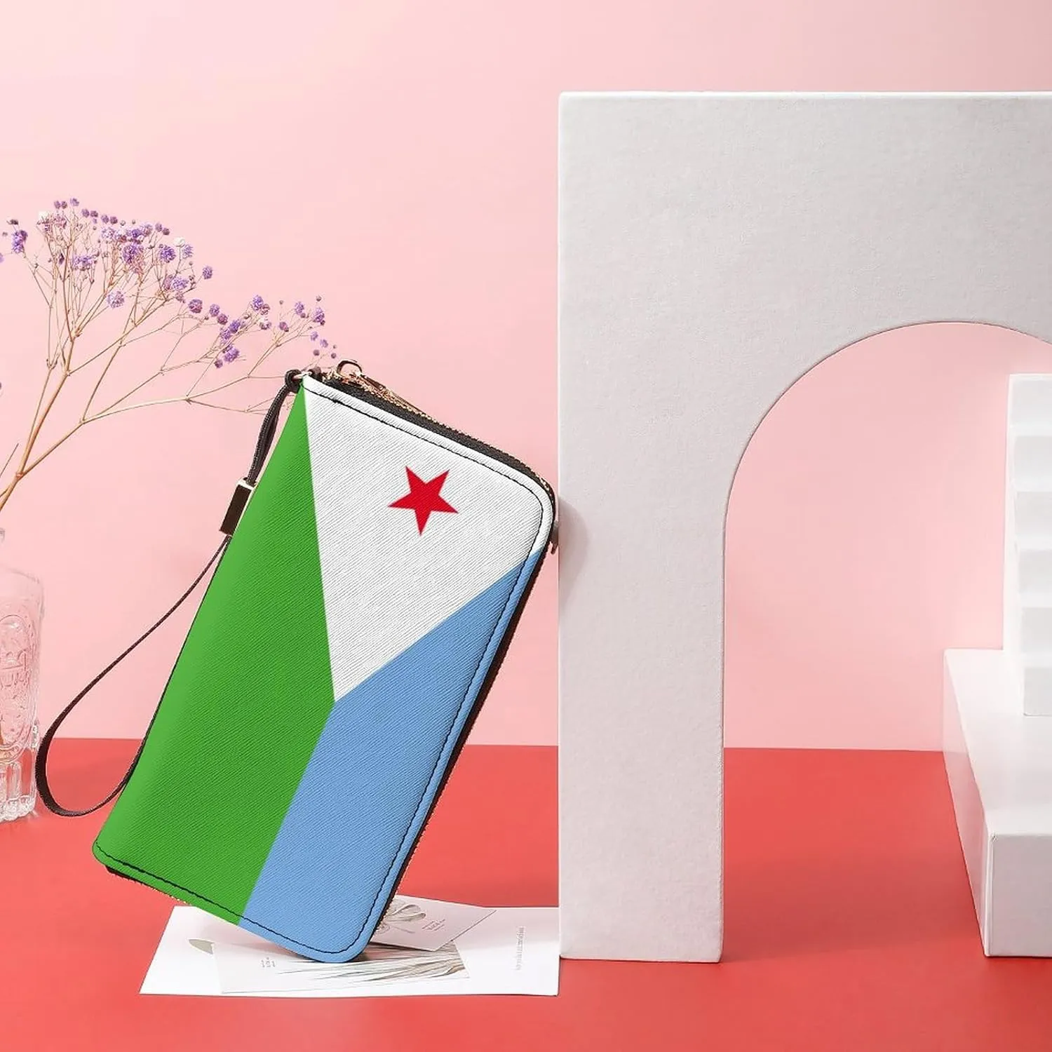 Women Men Djibouti Flag Zipper Long Purse with Removable Wristlet Stylish PU Wallet Travel Clutch
