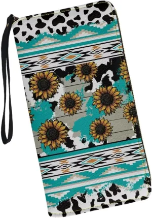 Women PU Leather Long Zipper Wallet Sunflower Elephant