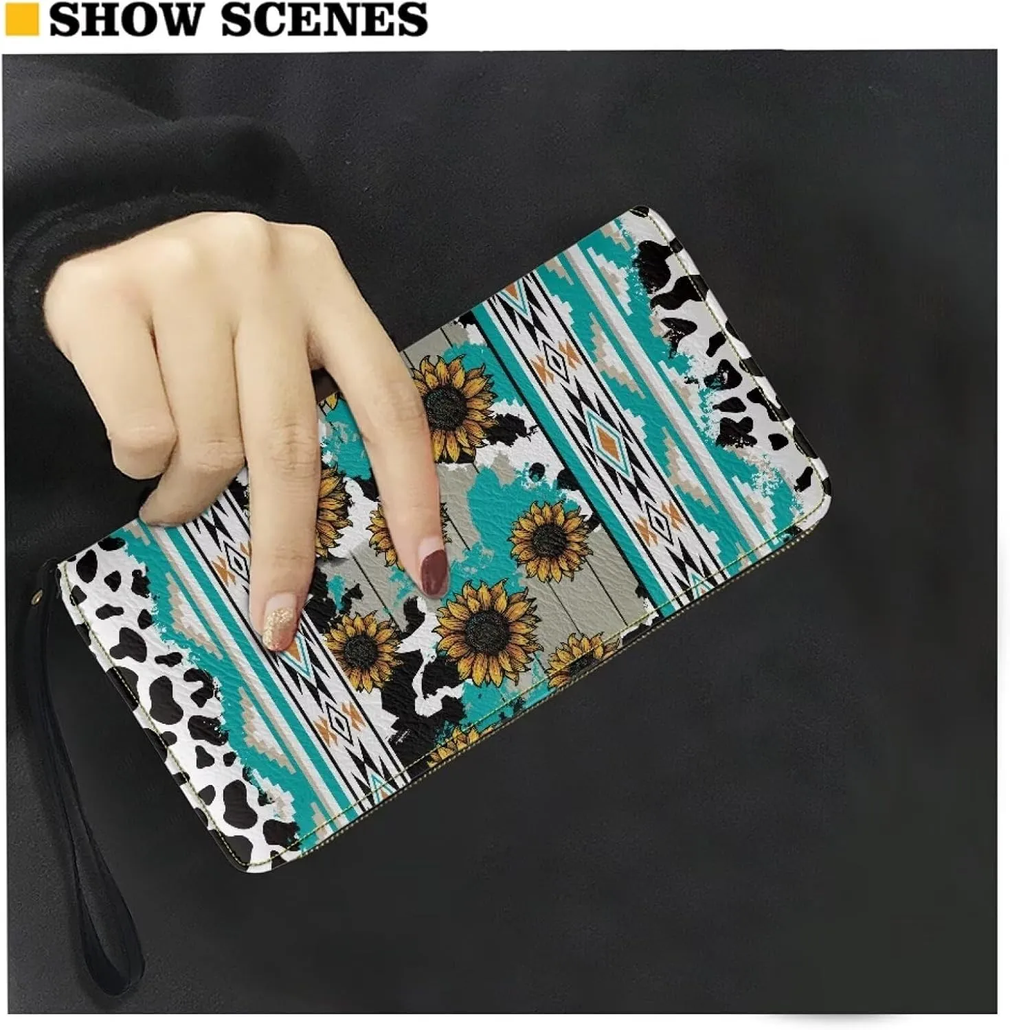 Women PU Leather Long Zipper Wallet Sunflower Elephant