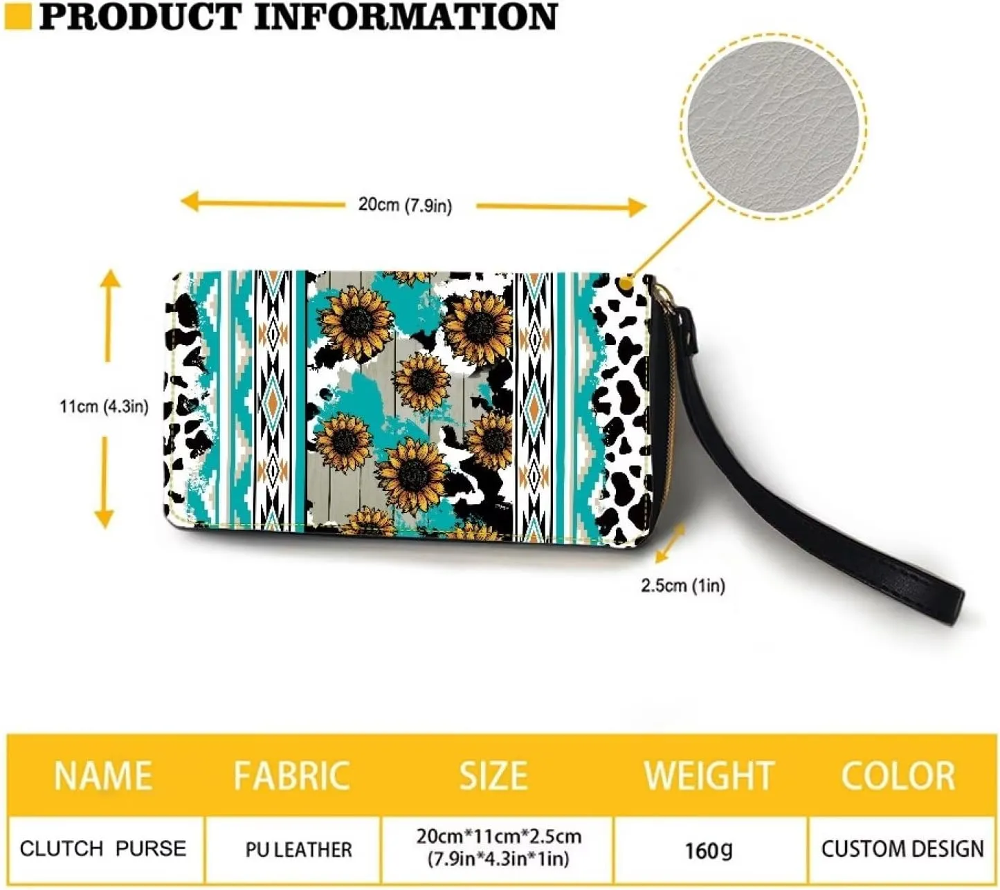 Women PU Leather Long Zipper Wallet Sunflower Elephant