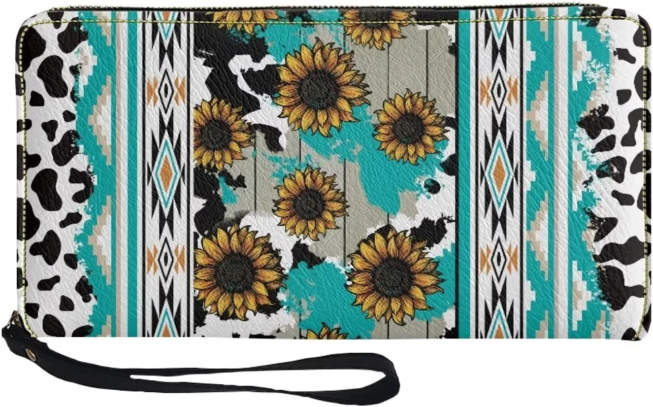 Women PU Leather Long Zipper Wallet Sunflower Elephant