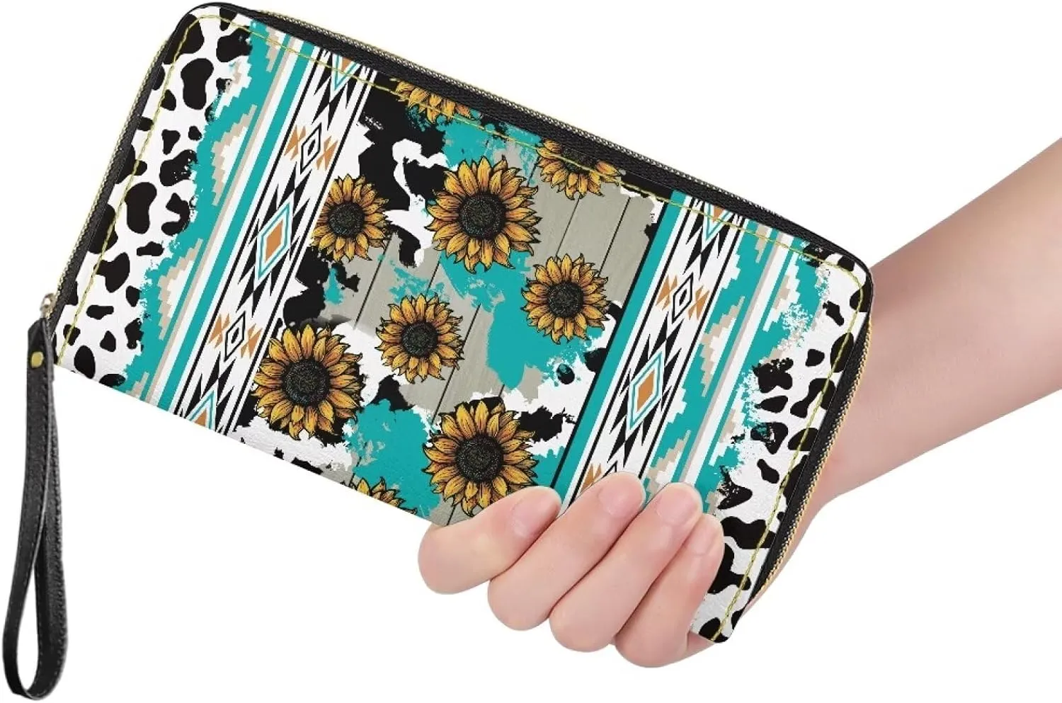 Women PU Leather Long Zipper Wallet Sunflower Elephant
