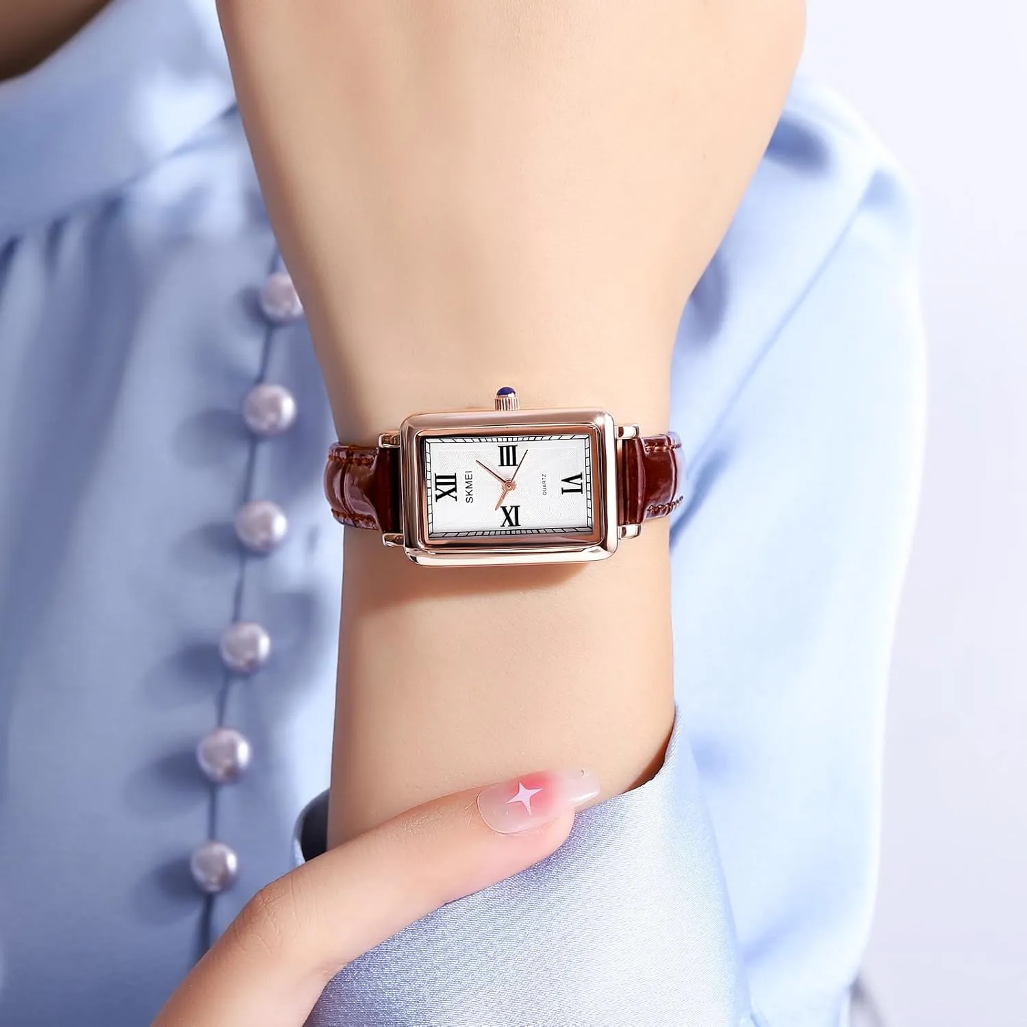 Women's Classic Vintage Rectangle Wrist Watch Ladies Analog Quartz Watch Ultra-Thin Ladies Bangle Bracelet Watch Female Business Dress Watch with Leather Strap