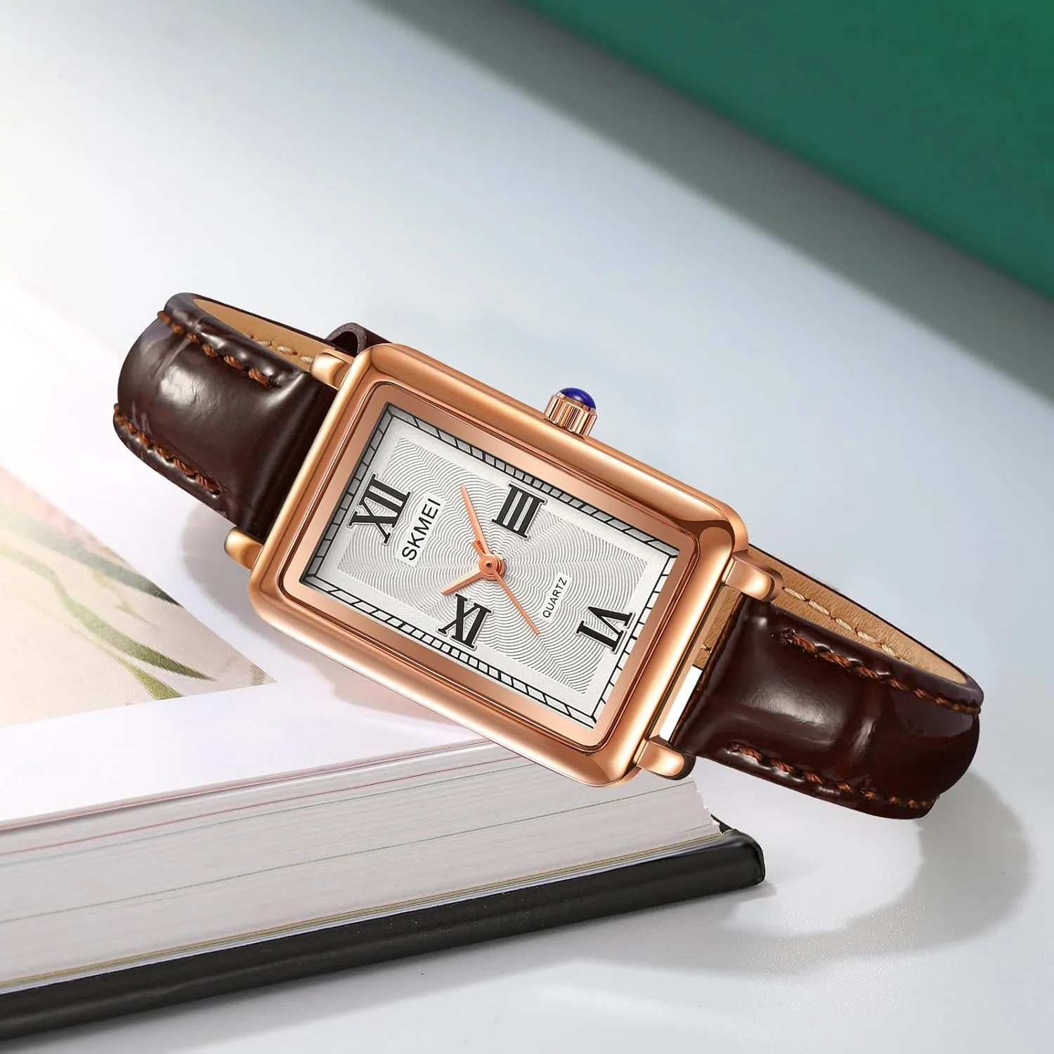 Women's Classic Vintage Rectangle Wrist Watch Ladies Analog Quartz Watch Ultra-Thin Ladies Bangle Bracelet Watch Female Business Dress Watch with Leather Strap