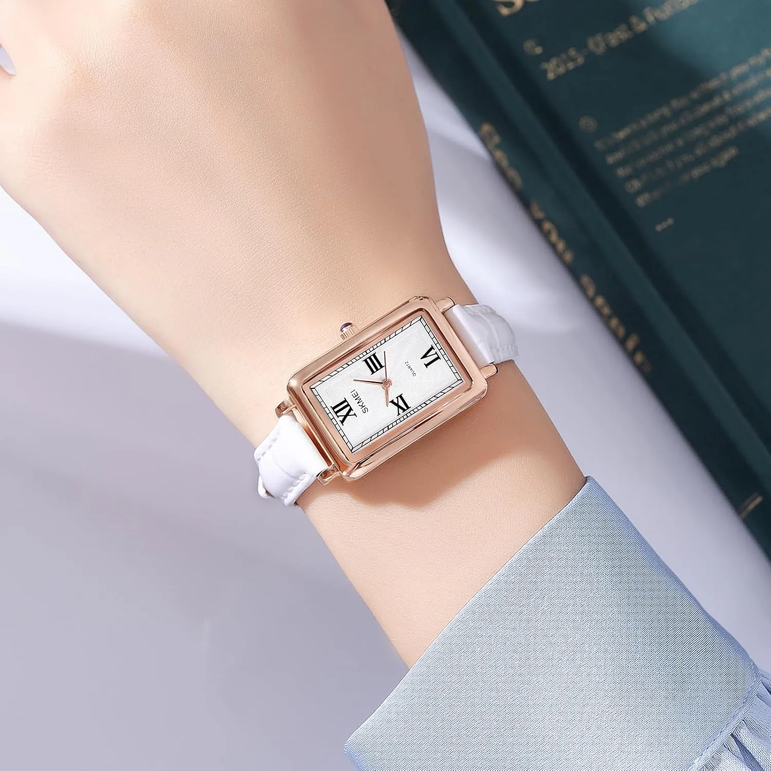 Women's Classic Vintage Rectangle Wrist Watch Ladies Analog Quartz Watch Ultra-Thin Ladies Bangle Bracelet Watch Female Business Dress Watch with Leather Strap